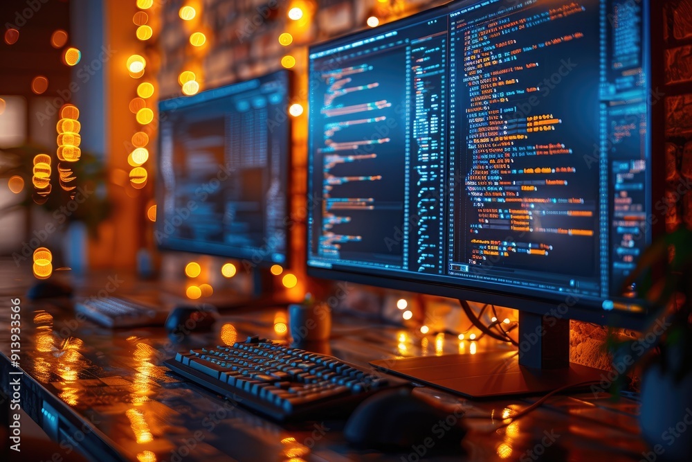 Poster computer monitor displaying code with warm lighting