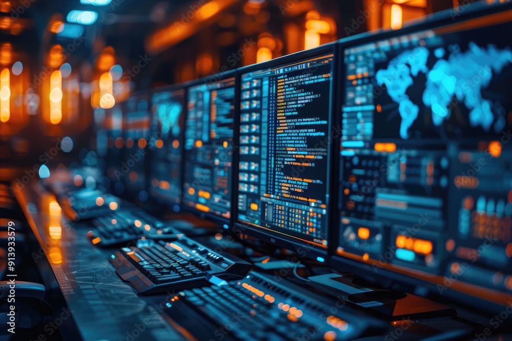 Poster computer monitors displaying data and world map in a dark room