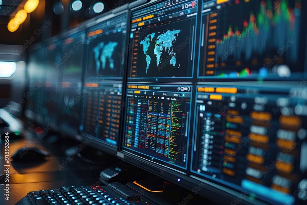 Poster computer monitors displaying financial data and world map