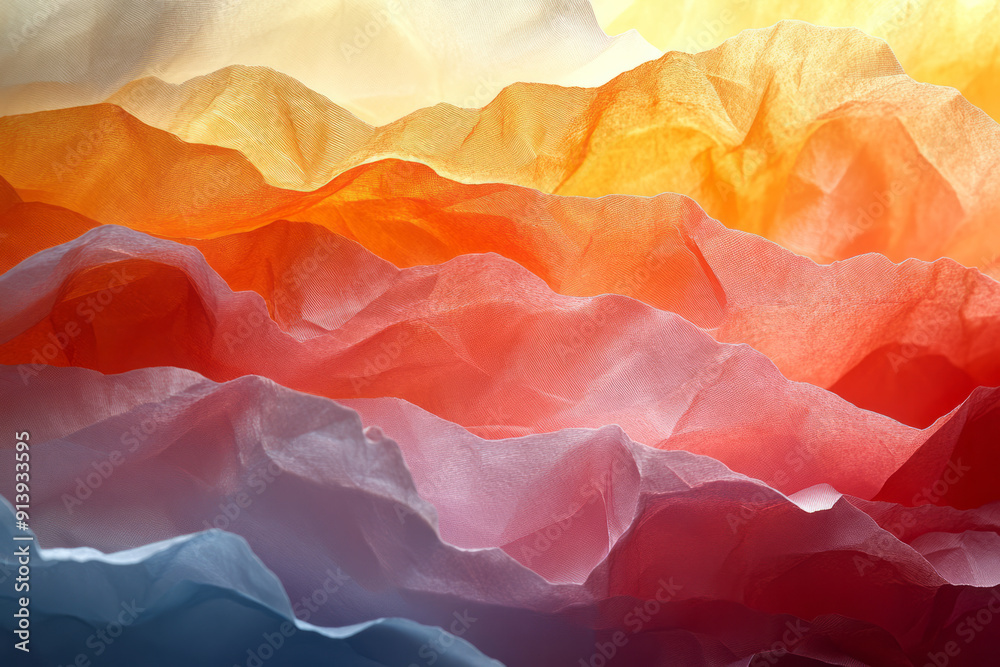 Fototapete abstract representation of wax paper folded into intricate patterns, highlighted with vibrant tones,