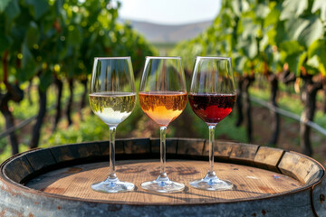 Wine tasting experience: three glasses standing on a barrel in a vineyard