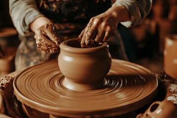 A skilled artisan shapes a clay pot on a spinning wheel, hands coated in wet clay, demonstrating the craft of pottery in a warm workshop filled with artistic tools