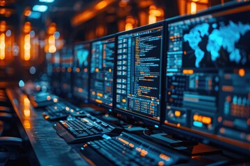 Computer Monitors Displaying Data and World Map in a Dark Room