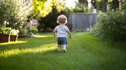 Fototapeta premium A small child explores a vibrant garden, enjoying the sunshine and greenery while taking careful steps along a grassy path