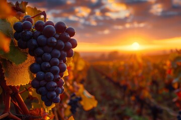 Close up of grapes hanging on branch in vineyard at sunset