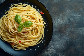 Dark plate with italian spaghetti on dark, ai