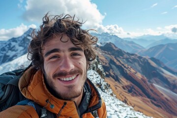 Naklejka premium Happy hiker taking a selfie on top of a mountain