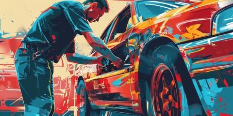 Obraz premium A man working on a red car.