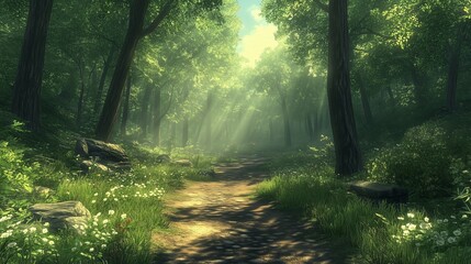 Obraz premium A serene forest path bathed in soft sunlight filtering through the lush green canopy above. The winding trail, lined with grass and scattered wildflowers, invites peaceful exploration.