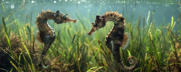 Elegant seahorses dancing in the seagrass, 4K hyperrealistic photo