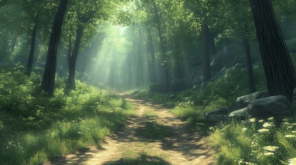 Obraz premium A serene forest path bathed in soft sunlight filtering through the lush green canopy above. The winding trail, lined with grass and scattered wildflowers, invites peaceful exploration.