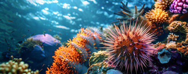 Obraz premium Elegant sea urchin in a vibrant reef, 4K hyperrealistic photo