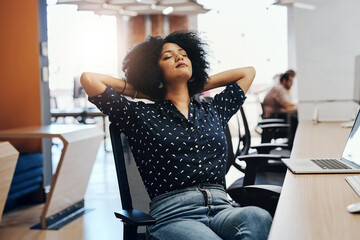 Business woman, relax and break with completion for done, finished or rest at office desk. Tired...