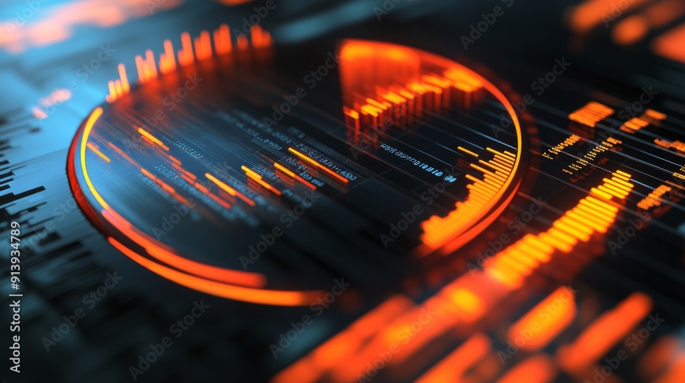 Poster glowing segments in a 3d financial pie chart, showcasing market data with a radiant effect.