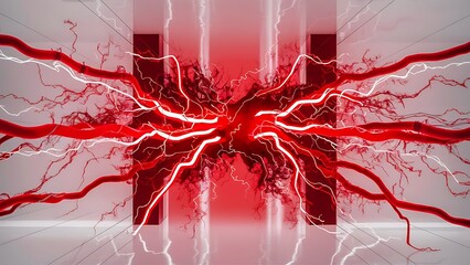 A dynamic image of red electricity arcing and branching out in intricate patterns, isolated on a white background. The electric bolts should be bright and vibrant