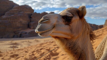 Close-up Portrait of a Camel in the Desert, Focused on its Eye and Fur, with a Desert Landscape in the Background