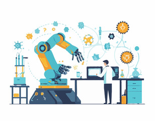 Engineers Scientists Tiny Characters Making Programming Huge Robot in Science Laboratory. Robotics Hardware and Software