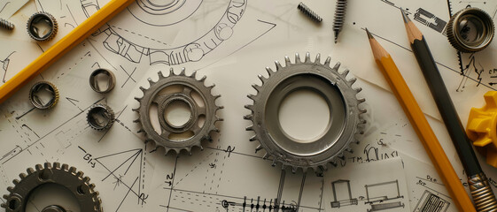 Two metal gears laid on engineering blueprints, accompanied by various technical components like screws and pencils, symbolizing the intricate planning of mechanical projects.