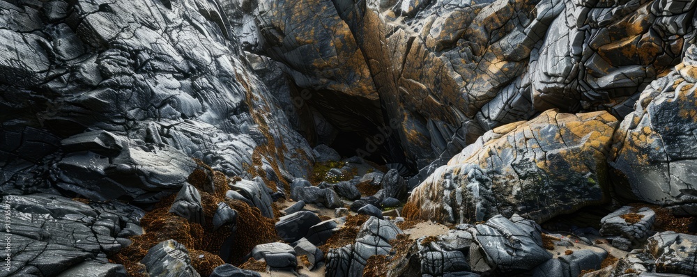 Canvas Prints Dramatic rock formations with a hidden cave entrance, 4K hyperrealistic photo