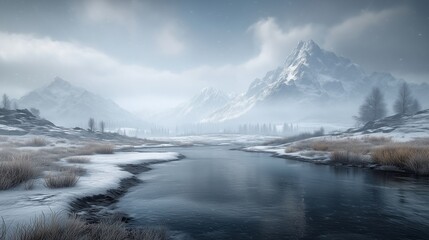 A breathtaking winter scene showcasing a serene landscape dominated by snow-covered mountains and a partially frozen river.