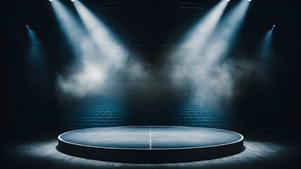 Empty Circular Stage in the Center of the Image, Depicting a Minimalist Stage Design with Modern and Elegant Features, Suitable for Various Presentation and Performance Contexts