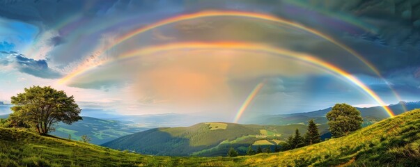Fototapeta premium Double rainbow arching over a lush green valley after a summer rain, 4K hyperrealistic photo