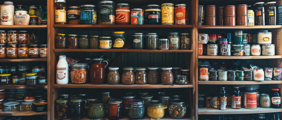 Shelves loaded with various jars and cans of food in a pantry, showcasing an array of preserved and homemade items ready for use.