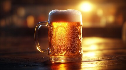 Golden beer in a mug, under warm, soft light, with a frothy head that looks irresistibly inviting.