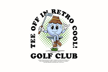 funny golf ball retro groovy cartoon character mascot illustration wearing a hat with holding stick golf and sitting on a tee for golf club and tournament mascots and merchandise