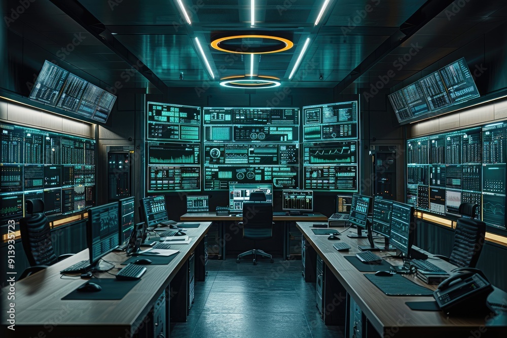 Poster futuristic control room with multiple monitors and data displays