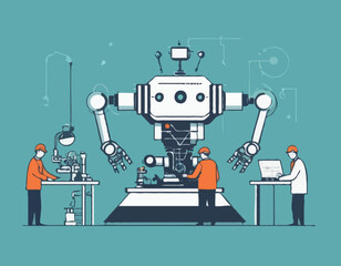 Engineers Scientists Tiny Characters Making Programming Huge Robot in Science Laboratory. Robotics Hardware and Software