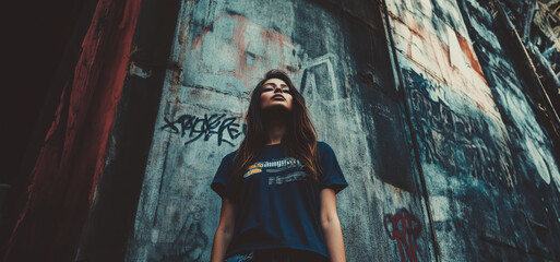 Naklejka premium Young Woman Posing Confidently in Front of Colorful Urban Graffiti Wall