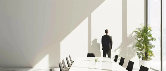 A man stands alone in a bright, modern meeting room with large windows, casting long shadows, reflecting on a business decision.