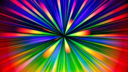 Colorful rainbow gradient glowing rays. Dynamic flowing vibrant radiant beams. Cosmic hyperspace jump at speed of light. Time warp. Teleport. Interstellar travel. Big bang. Future technology. Vector