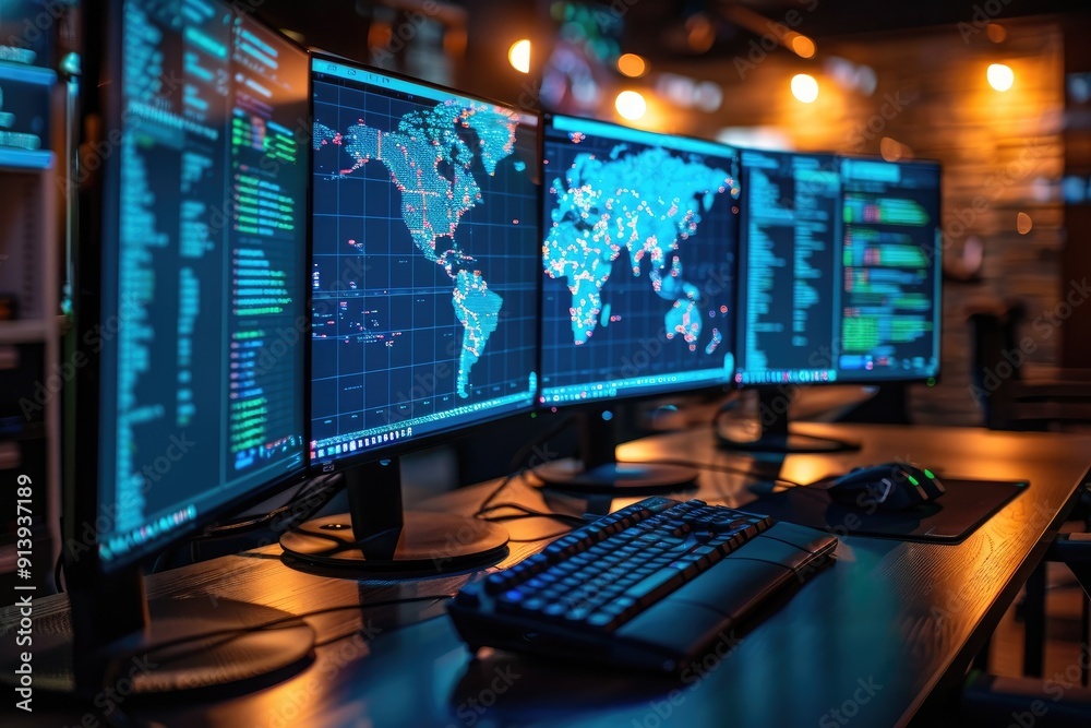Poster multiple computer monitors displaying a world map and data in a dimly lit room