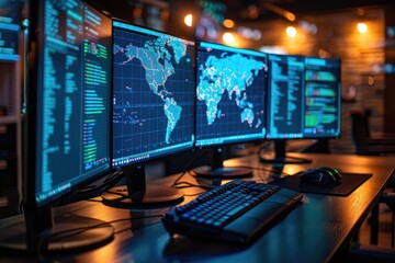 Multiple computer monitors displaying a world map and data in a dimly lit room