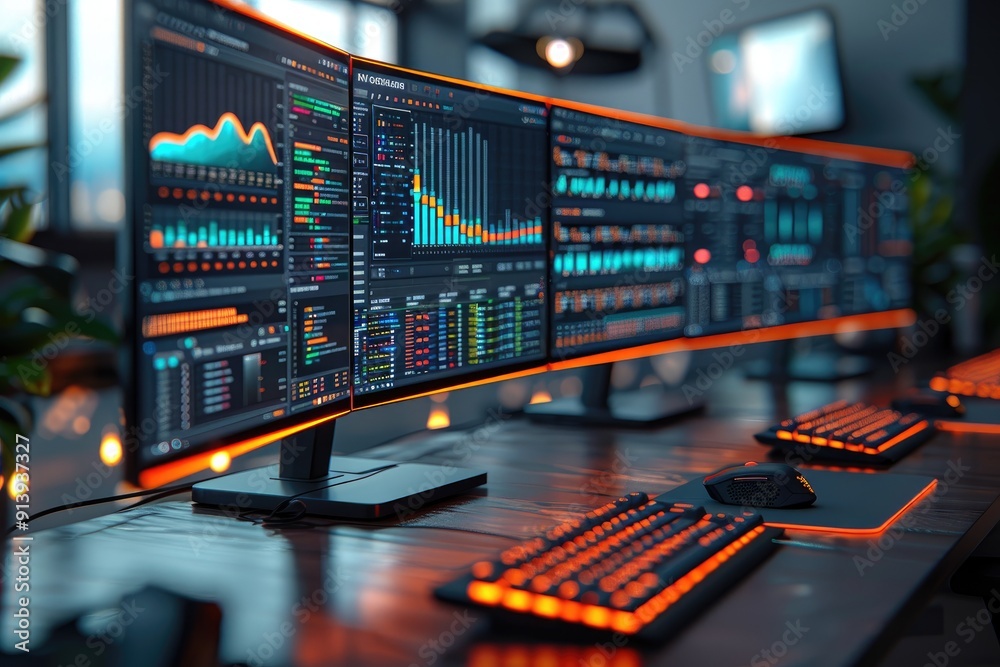 Poster multiple monitors displaying financial data and charts