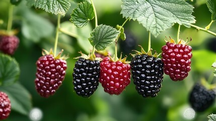 Ripe Blackberries and Dewberries Hanging From a Branch