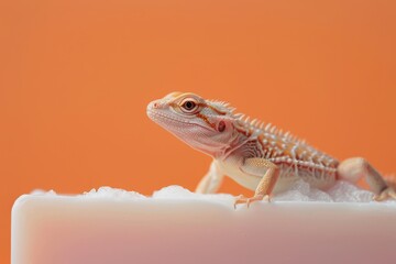 Naklejka premium A green lizard is laying on a soap bar