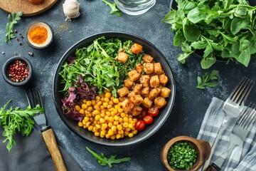 Overhead view of food served in bowl on table, ai