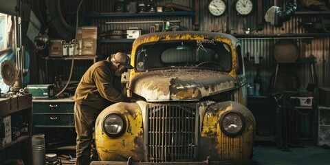 Man working on a rusty yellow car.