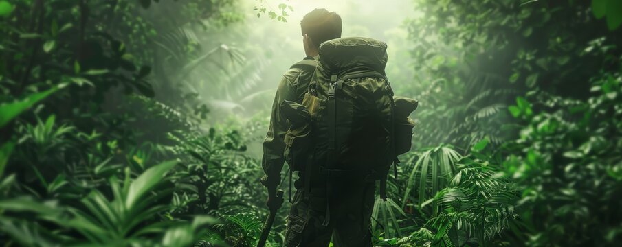 Adventurous backpacker hiking through a dense jungle with a machete, 4K hyperrealistic photo