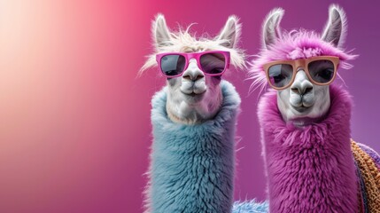 Two Llamas Wearing Sunglasses and Colorful Fur Standing Side by Side Against a Pink and Orange Background