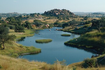 Obraz premium Serene Landscape with a Winding Lake in a Rocky, Grassy Terrain
