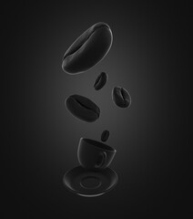 Coffee cup with coffee beans floating in air, dark background.