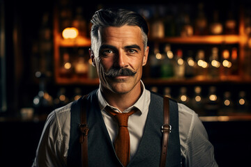 Obraz premium Classic bar pub with professional bartender barkeeper barman, Generative AI illustration photo