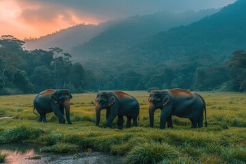 Three Elephants Crossing a Stream in a Lush Green Meadow