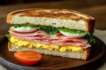 open traditional German sandwich with ham and eggs, ai