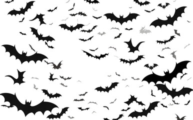 Black silhouette of bats isolated on transparent background. Halloween traditional design element. Vector illustration