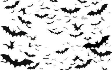 Black silhouette of bats isolated on transparent background. Halloween traditional design element. Vector illustration